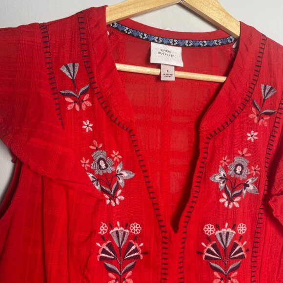 Knox Rose Red Embroidered Midi Empire Cotton Summer Dress Sz Large - Picture 5 of 12